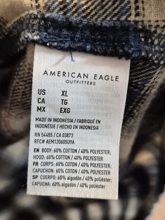 American Eagle Hooded Flannel Long Sleeve Button Up Shirt Blue Off White Size XL - Picture 5 of 5